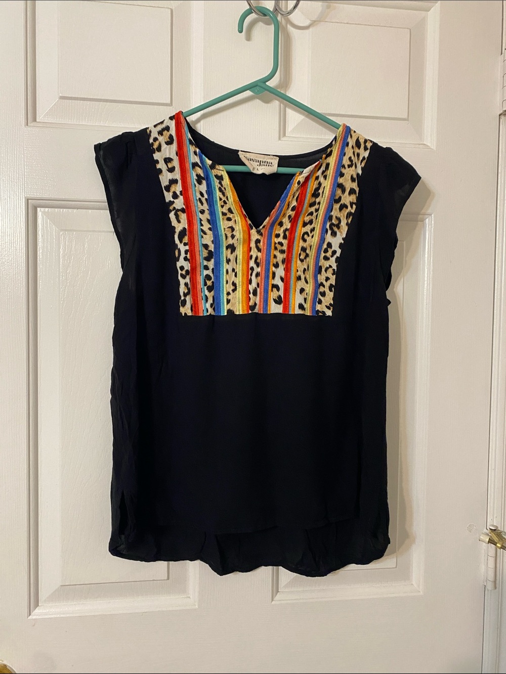 Savanna Jane Black Cap-Sleeve Blouse with Multicolor Embroidered V-Neck
